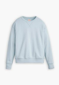 Hellblaues Sweatshirt aus weichem Baumwollmaterial. Verfügt über einen Rundhalsausschnitt, lange Ärmel, Rippbündchen und ein lässiges Schnittdesign.