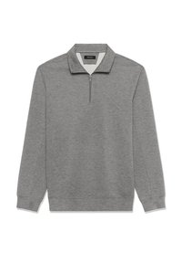 Grijze pullover sweatshirt met een kwart rits kraag, gemaakt van zachte stof, met lange mouwen en een relaxte pasvorm. Geen patronen of extra accenten.