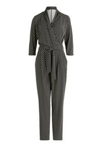 Svartvitt mönstrad jumpsuit med omslagdesign, långärmade och en knytning i midjan. Har ett geometriskt nätliknande tryck.