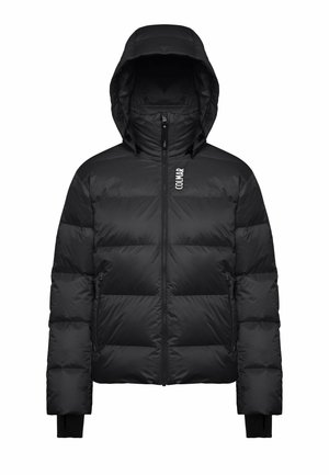 Čierna zateplená zimná bunda s kapucňou, predným zipsom, bočnými vreckami, otvorom pre palce na manžetách a logom "Colmar" na hrudi.