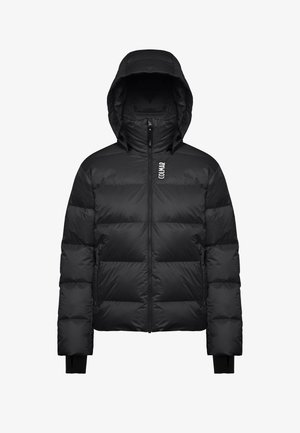 Čierna zateplená zimná bunda s kapucňou, predným zipsom, bočnými vreckami, otvorom pre palce na manžetách a logom "Colmar" na hrudi.