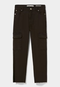 Svarta cargobyxor i bomull, med två sidofickor, rak bendesign och rå nederkant.