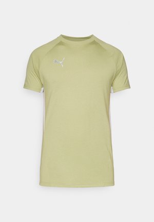 T-shirt vert à manches courtes avec un col rond et des manches raglan, comportant un logo blanc sur le haut à gauche de la poitrine et des panneaux latéraux blancs.