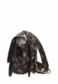 Borsa a tracolla in pelle nera con motivo in oro, forma arrotondata, tracolla a catena e texture morbida. Parte superiore aperta che rivela il materiale di imballaggio interno.