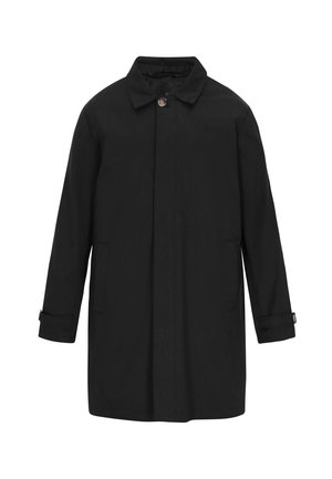 Fekete esőkabát, gallérral, két elülső zsebbel és gombos záródással. Simább, vízálló anyagból készült, hajtogatható ujjaival.