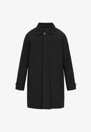 Fekete esőkabát, gallérral, két elülső zsebbel és gombos záródással. Simább, vízálló anyagból készült, hajtogatható ujjaival.