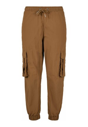 Braune Cargo-Hosen aus leichtem Stoff, mit einem elastischen Bund und Kordelzug, seitlichen Cargo-Taschen und elastischen Bündchen.
