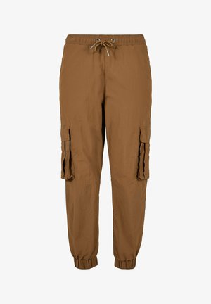 Pantalons cargo marron en tissu léger, dotés d'une taille élastique avec cordon de serrage, de poches cargo latérales et de poignets élastiques.