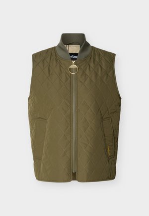 Quilted olive green sleeveless vest with front zipper, ribbed collar, side pockets, and diamond stitching pattern.
