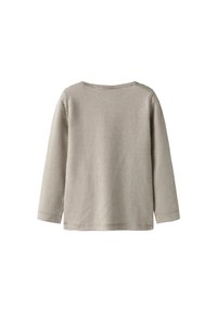 Camicia a maniche lunghe color beige chiaro con righe scure orizzontali. Presenta un collo ampio e un tessuto morbido e texturizzato. Solo vista posteriore.
