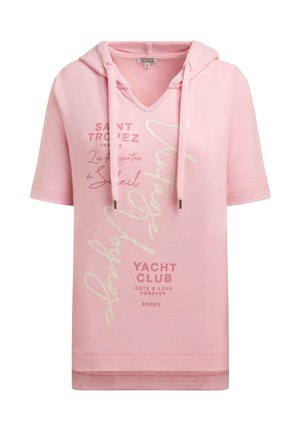 Hellrosa Hoodie mit kurzen Ärmeln, Kordelzügen und aufgedrucktem Text mit den Worten "Saint Tropez", "Yacht Club" und "Côte d'Azur Forever".
