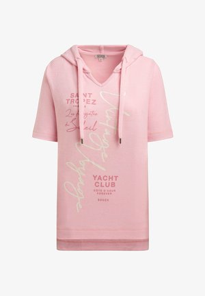 Light pink short-sleeve hoodie with drawstrings and printed text reading "Saint Tropez," "Yacht Club," and "Côte d'Azur Forever."
