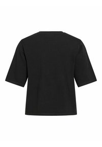 Must lühikeste varrukatega T-särk ümara kaelusega. Valmistatud siledast, tekstuurse kangaga, lõdva istuvusega ja sirge lõikega. Lihtne disain.