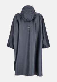 Vattentät poncho i mörkgrått, tillverkad av ett slätt, lätt material med huva och sidoficka. Har logotyp på baksidan.