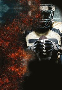 Un joueur de football en maillot beige et noir tient un ballon de football marron, portant des gants noirs et un casque, avec un fond dynamique et enflammé.