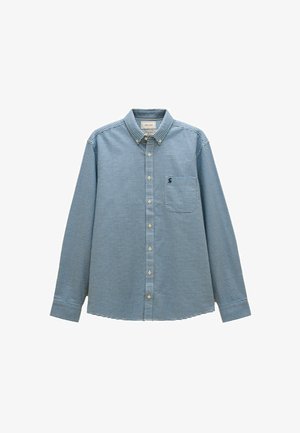 Niebiesko-biała koszula w drobną kratkę z długim rękawem, zapinana na guziki, z kołnierzykiem na guziki oraz małym haftowanym logo na kieszeni na piersi.