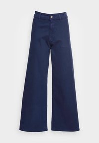 Calças largas em navy feitas de um tecido liso, com cintura alta, botão frontal com fecho éclair e sem padrões ou adornos visíveis.