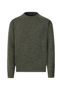 Pull en laine vert foncé à col rond avec manches longues et poignets, ourlet et encolure côtelés.