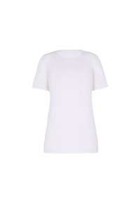 T-shirt bianco a maniche corte con scollatura rotonda e un tessuto leggero e liscio. Design semplice, senza motivi o dettagli.