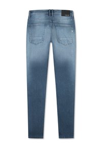Slim-fit denim jeans in vervaagd blauw. Voorzien van achterzakken, een zwart label op de tailleband en subtiele slijtage rond de knieën.