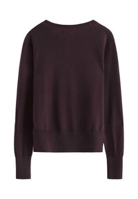 Mørkeblå sweater med rund halsudskæring, ribbede manchetter og kant. Glat tekstur, lange ærmer og en afslappet pasform. Bageste visning vist.