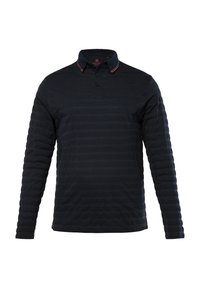 Polo de manga larga azul marino con textura a rayas, cuello en contraste, tapeta de tres botones y costuras de acento rojas. Tejido suave.
