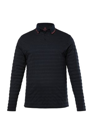 Námořnická polo košile s dlouhým rukávem, pruhovanou texturou, kontrastním límcem, tříknoflíkovou légou a červenými akcenty v prošívání. Měkká tkanina.