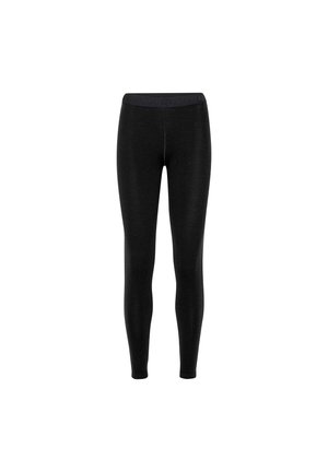 Black leggings made of stretchy fabric with a comfortable waistband and a smooth texture, designed to fit snugly from waist to ankles.