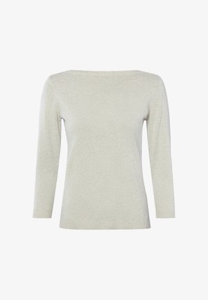 Lichtgrijze trui van gebreide stof met lange mouwen, een boothals en geribbelde boorden en zoom, afgebeeld tegen een witte achtergrond.