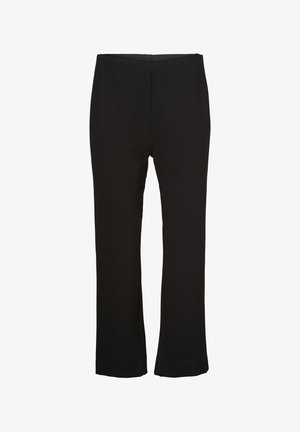 Černé elastické kalhoty s hladkou texturou, s těsným střihem a rozšířenými nohavicemi na lemu. Žádné viditelné švy ani kapsy.