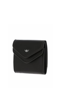 Portefeuille pliable en cuir noir avec des bords cousus et un petit logo argenté sur le rabat avant.