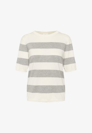 Striped t-shirt with a round neckline, short sleeves, featuring alternating gray and cream stripes. Made of soft cotton blend material.
