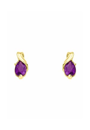 Boucles d'oreilles en or avec une pierre précieuse violette en forme de poire, dotées d'un design sculptural lisse et d'une finition polie.