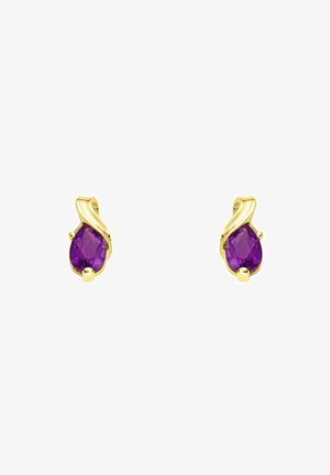 Pendientes de oro con una gema morada en forma de pera, presentada en un diseño suave y escultórico, con un acabado pulido.