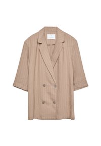 Beige gestreepte blazer met een dubbele boordontwerp, met notch-lapels en korte mouwen; bevat twee voorste knopen en een gestructureerde stof.