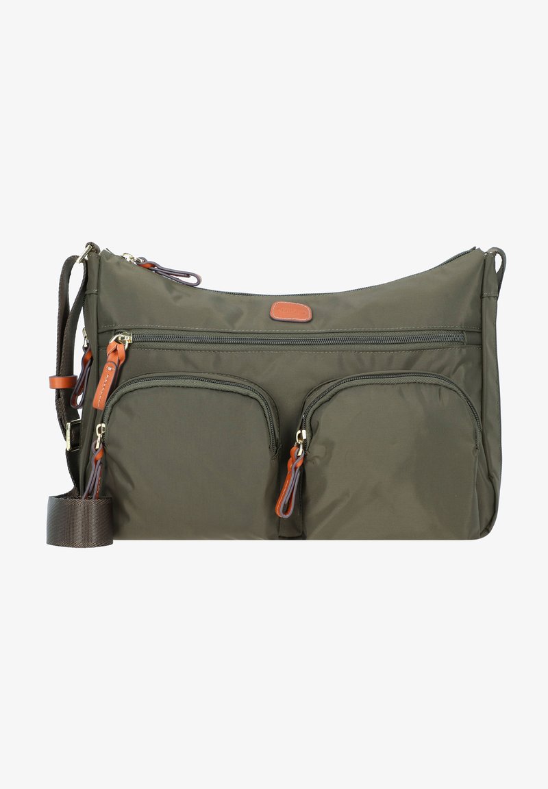 Borsa a spalla in nylon verde oliva con due tasche anteriori con zip, dettagli in pelle beige, tracolla regolabile e finitura testurizzata.