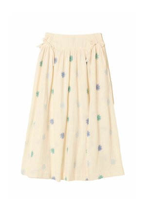 Krémové midi sukňa s pružným pásom, bočnými šnúrkami a roztrúsenou modro-zelenou kvetinovou výšivkou.