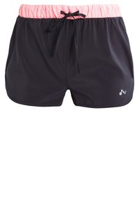 Short de sport noir avec une ceinture élastique rose et un cordon noir, avec un petit logo réfléchissant sur la partie inférieure de la jambe droite.