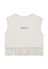Top senza maniche di colore crema con frange sul bordo, borchie dorate sulle spalle e una stampa centrale nera con la scritta "BREATHE ARIZONA".
