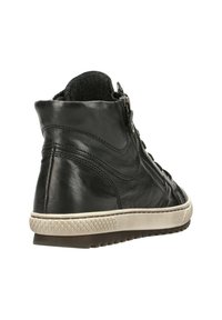 Schwarze Leder-Hochtop-Sneaker mit seitlichem Reißverschluss, strukturiertem Obermaterial und hellfarbener Gummisohle mit strukturiertem Profil.