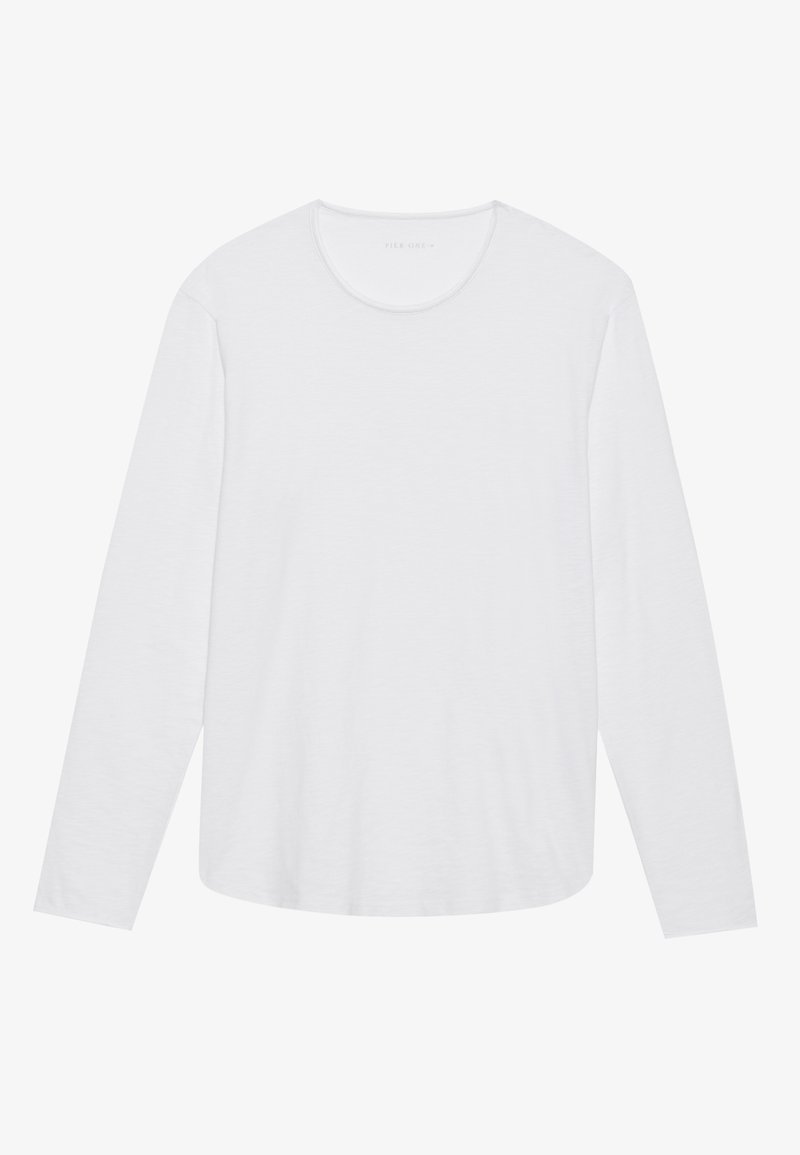 Biała koszula z długim rękawem, wykonana z miękkiej bawełny, z okrągłym dekoltem i prostym, minimalistycznym wzornictwem, bez wzorów czy akcentów.