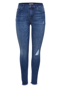 Pantalones vaqueros ajustados de color azul oscuro, desgastados, con un ligero desvanecimiento, dobladillos deshilachados, bolsillos delanteros y cierre de botón en la cintura.