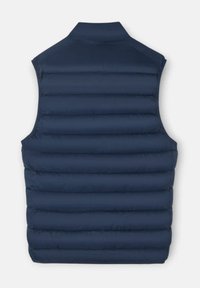 Chaleco acolchado sin mangas de color azul marino con cuello alto, visto desde la parte de atrás.