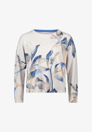Leichter Strickpullover in Creme mit blauen und beige-floralen Mustern. Er hat einen runden Halsausschnitt und lange Ärmel mit gerippten Bündchen.