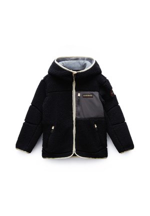 Schwarze Fleecejacke mit gefütterter Kapuze, Frontreißverschluss und einer grauen Brusttasche. Mit cremefarbenen Akzenten und zwei seitlichen Reißverschlusstaschen. Strukturierter Stoff.