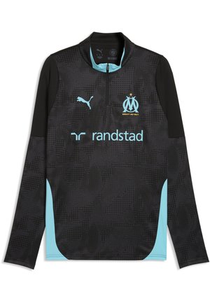 Sort og lyseblå langærmet sportstop med Puma-logo, Olympique de Marseille-emblem, "randstad" sponsor og kvart lynlås i halsudskæringen.