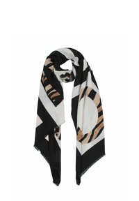 Black and white patterned scarf with circular and striped designs. Soft material, lightweight, and fringed edges, featuring earthy accent colors.