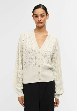Creme strikcardigan med V-hals, prydet med et tekstureret zigzag-mønster, frontknapper og voluminøse ærmer. Kombineret med sorte bukser.