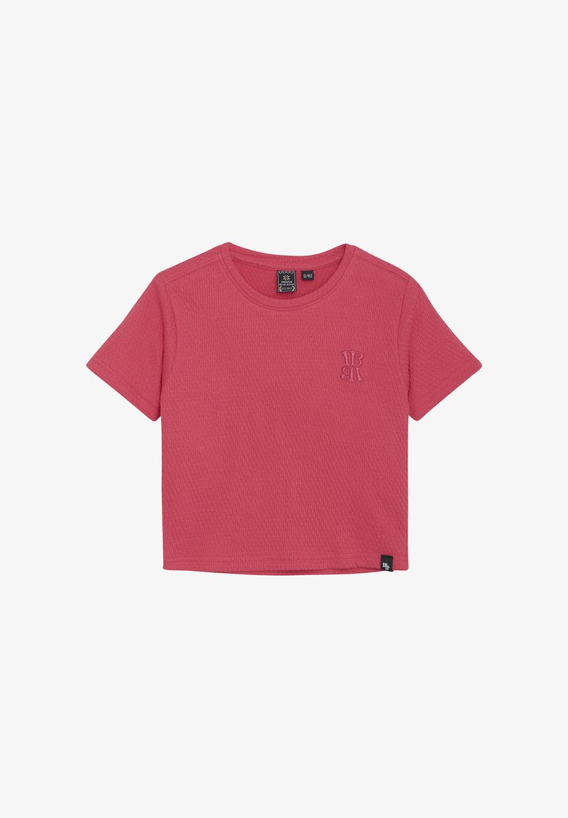 Kortærmet pink t-shirt med tekstureret overflade, rund hals og broderet logo på brystet. Etiket nederst i venstre hjørne.