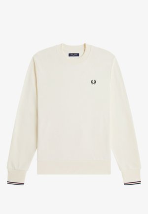 Felpa a maniche lunghe color crema con scollo rotondo e polsini a costine con sottili strisce rosse e blu navy e piccolo logo di corona di alloro nera sul petto.